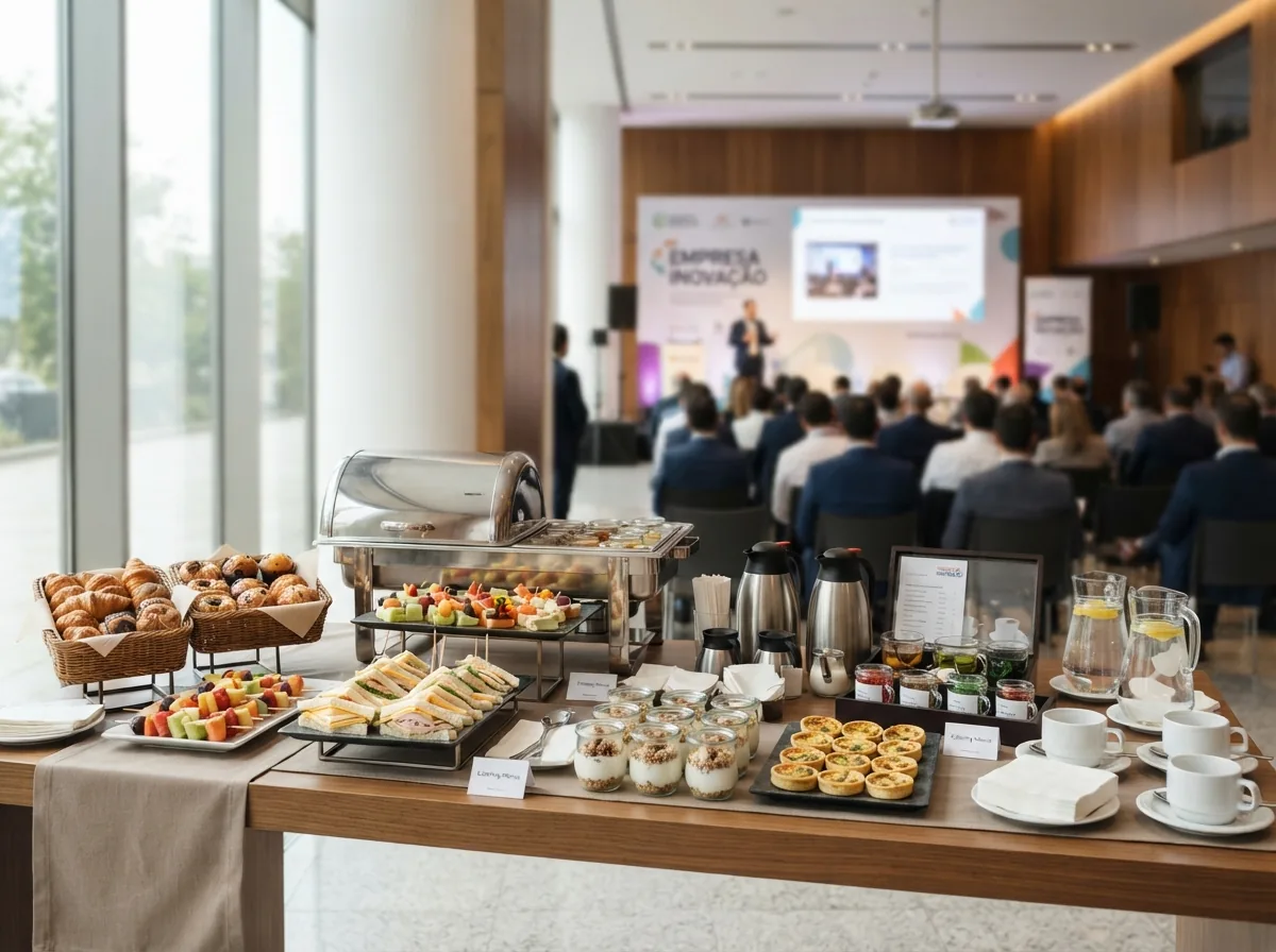 Mesa de coffee break com salgados, doces e bebidas