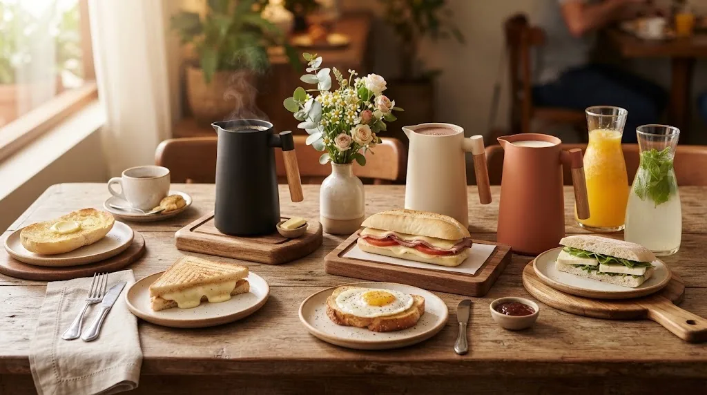 Mesa de café da manhã com pães, sanduíches e sucos